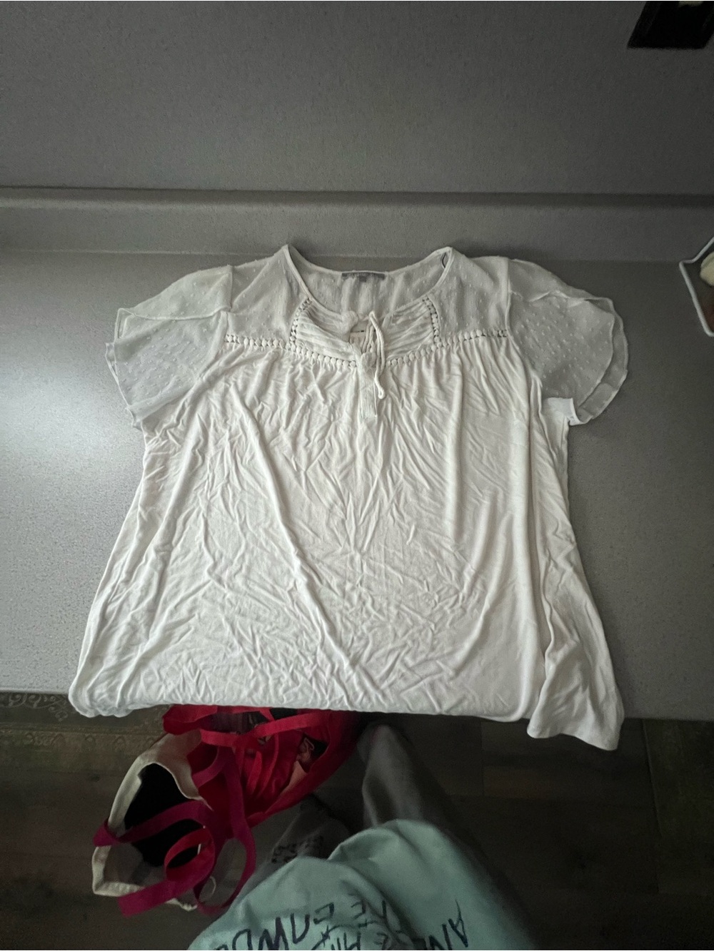 Daniel Rainn Cream Short-Sleeve Peasant Top with Tie Neck